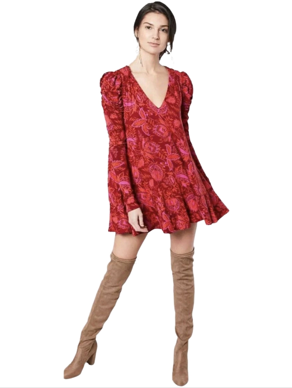 Free People Hello Lover Floral Mini Dress XS Red Puff Sleeve Keyhole Back